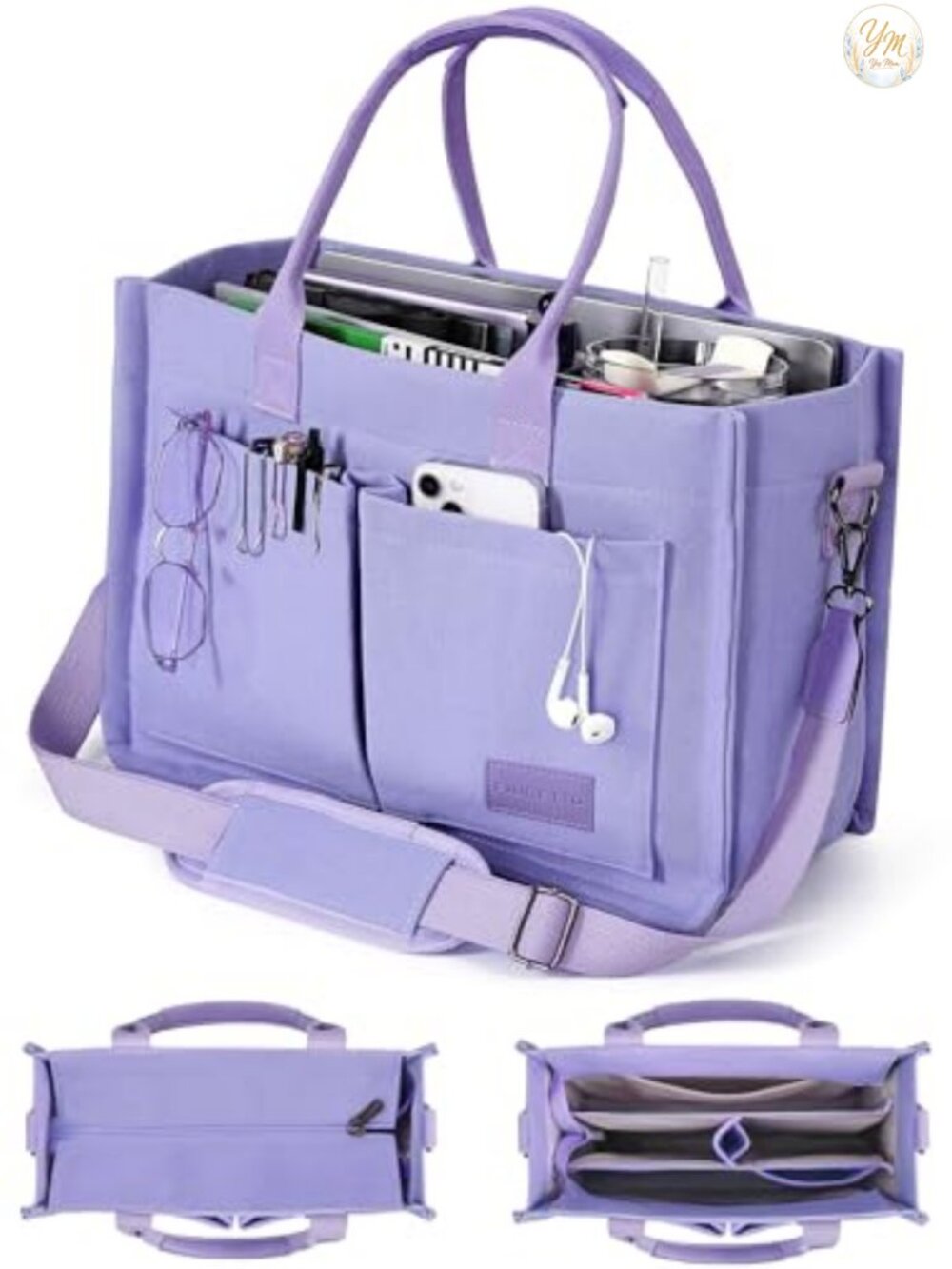 FIORETTO Canvas Tote Bag with Zipper Detachable Strap Multi Pockets